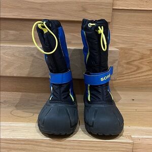 Sorel Kids' Black and Blue Snow Boots with Yellow Accents